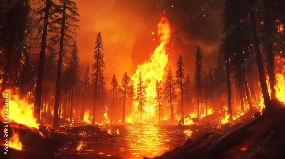 Naklejka premium Forest Fire Burning with River in Foreground