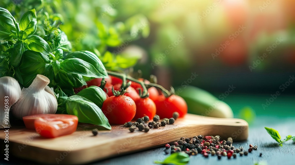Fresh tomatoes, garlic, and basil on a wooden board create a vibrant scene for healthy cooking and gourmet meal preparation. Fresh tomatoes, garlic, and basil on a wooden board create a vibrant scene for healthy cooking and gourmet meal preparation.