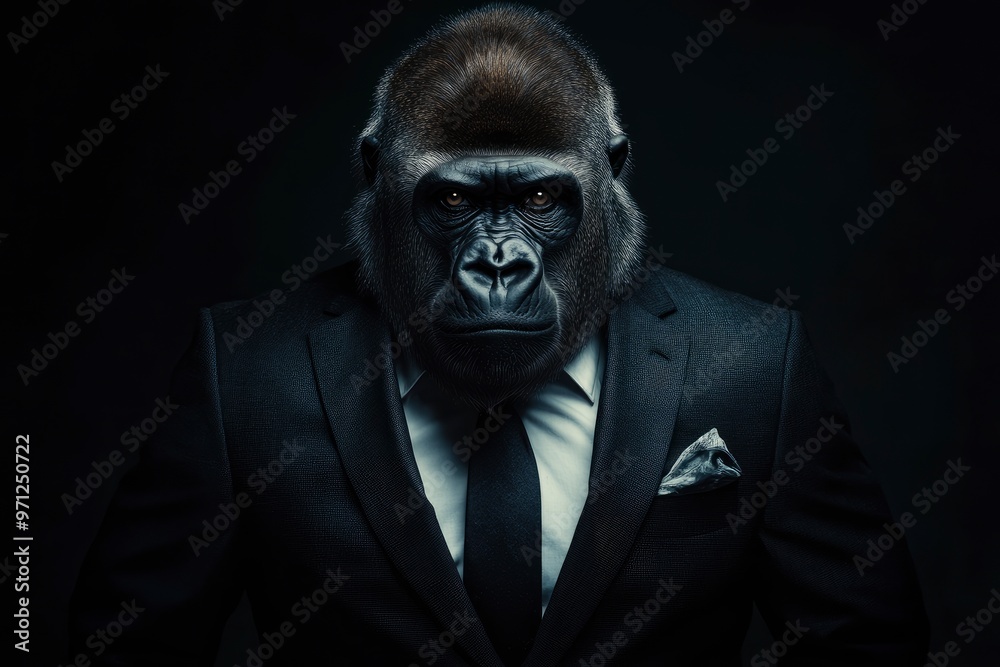 Gorilla like a human in suit. Portrait of a strong gorilla in a suit on a dark background with generative ai Gorilla like a human in suit. Portrait of a strong gorilla in a suit on a dark background with generative ai