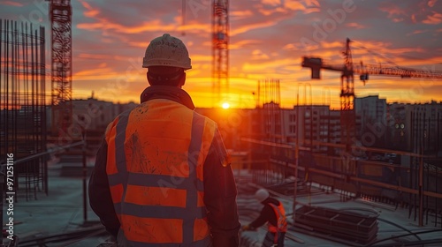 Construction Worker Admires Sunset Over City Skyline photo