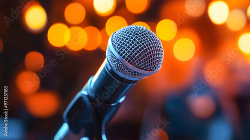 Microphone on live concert stage with light bokeh on background .