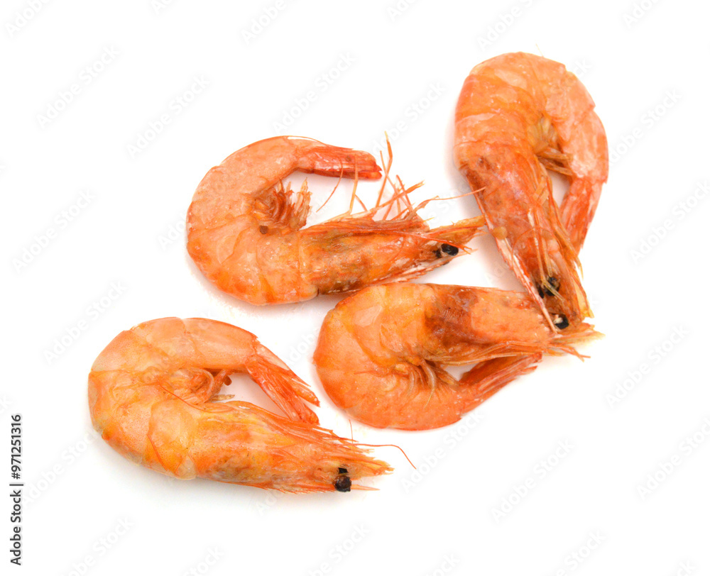 Stack cooked unshelled tiger shrimps isolated on white Stack cooked unshelled tiger shrimps isolated on white