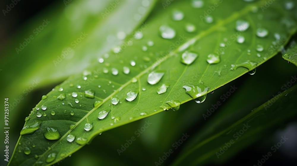 Close-up of water droplets on a green leaf, with a blurred background Close-up of water droplets on a green leaf, with a blurred background