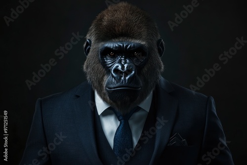 Gorilla like a human in suit. Portrait of a strong gorilla in a suit on a dark background with generative ai