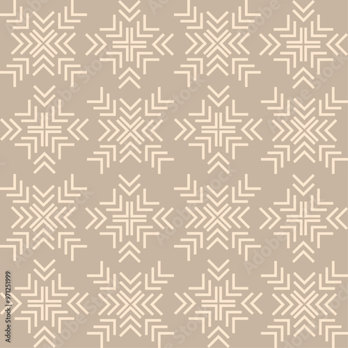 Cozy winter seamless vector pattern with abstract snowflakes, beige monochrome background, design for wallpaper, textile print, wrapping paper.