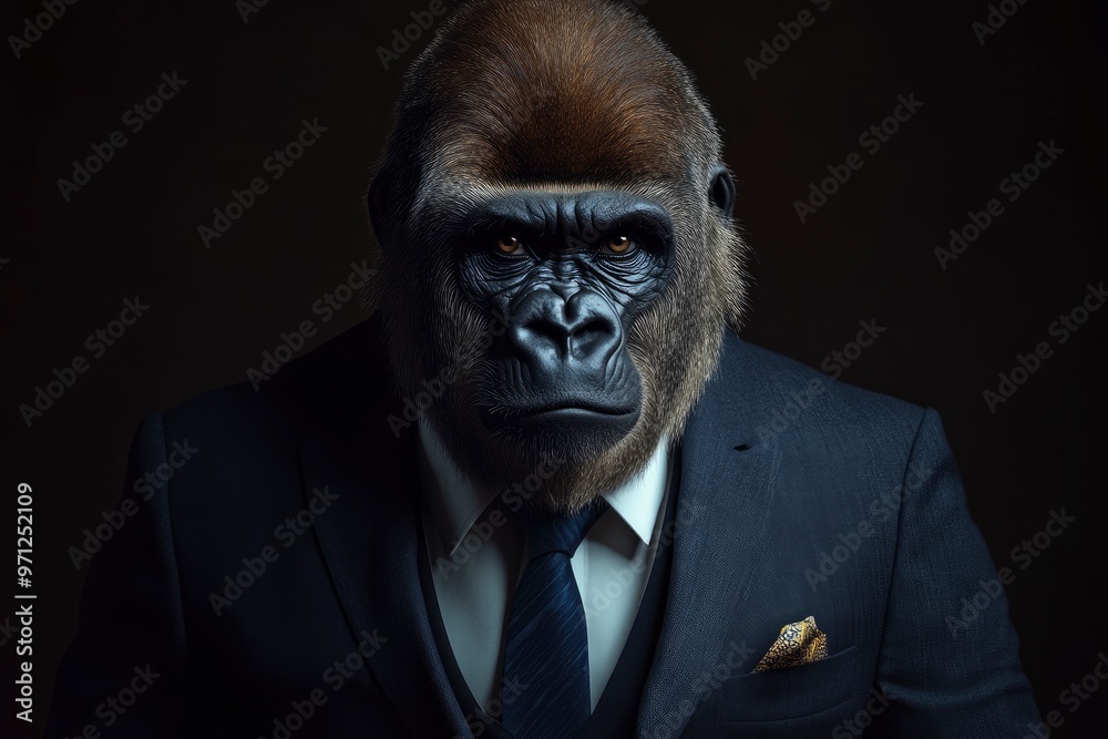 Gorilla like a human in suit. Portrait of a strong gorilla in a suit on a dark background with generative ai Gorilla like a human in suit. Portrait of a strong gorilla in a suit on a dark background with generative ai