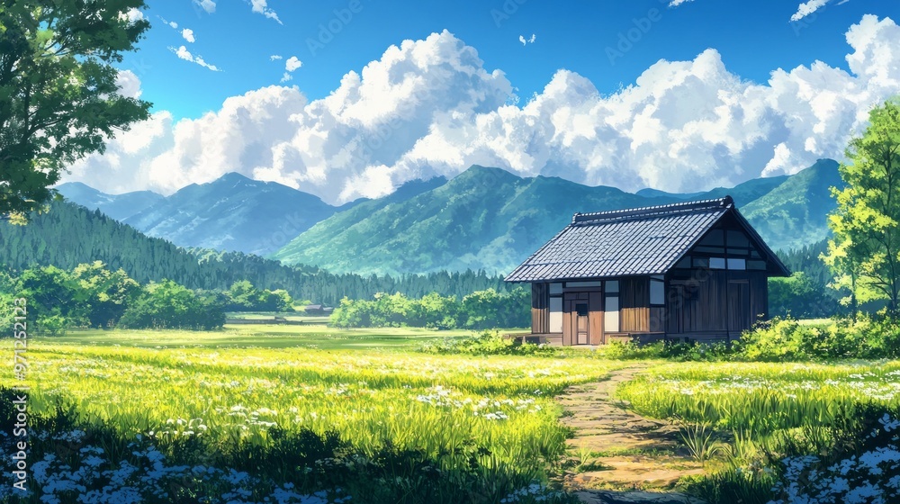 Traditional Japanese House in a Golden Rice Field with Mountain View - Rural Harmony Traditional Japanese House in a Golden Rice Field with Mountain View - Rural Harmony