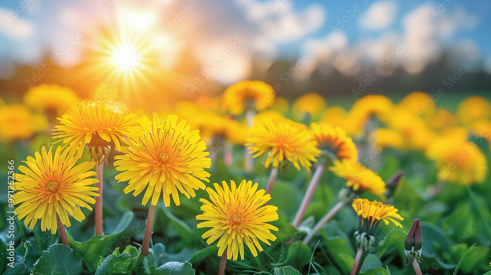 Sunlit Field of Yellow Dandelions in Soft Morning Light Sunlit Field of Yellow Dandelions in Soft Morning Light