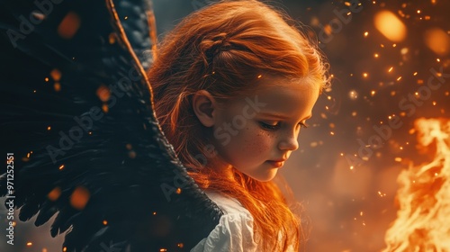 A young girl with red hair and a black angel wings