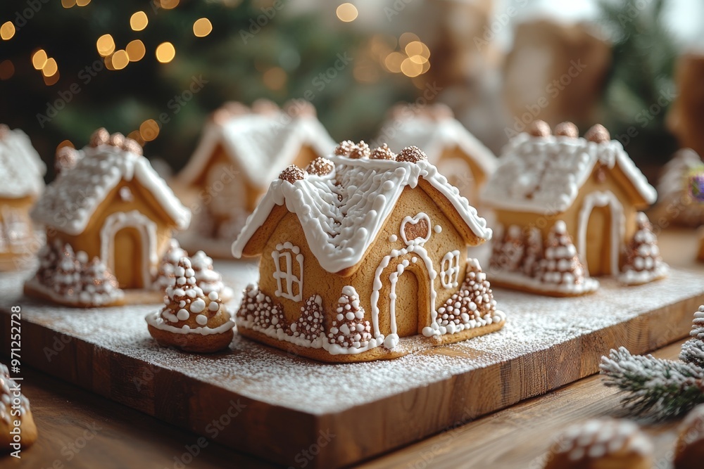Christmas gingerbread houses on wooden table with bokeh background.. Pastries in the form of houses. Festive scene with holiday pastries. Christmas and New Year background.
Christmas gingerbread houses on wooden table with bokeh background.. Pastries in the form of houses. Festive scene with holiday pastries. Christmas and New Year background.