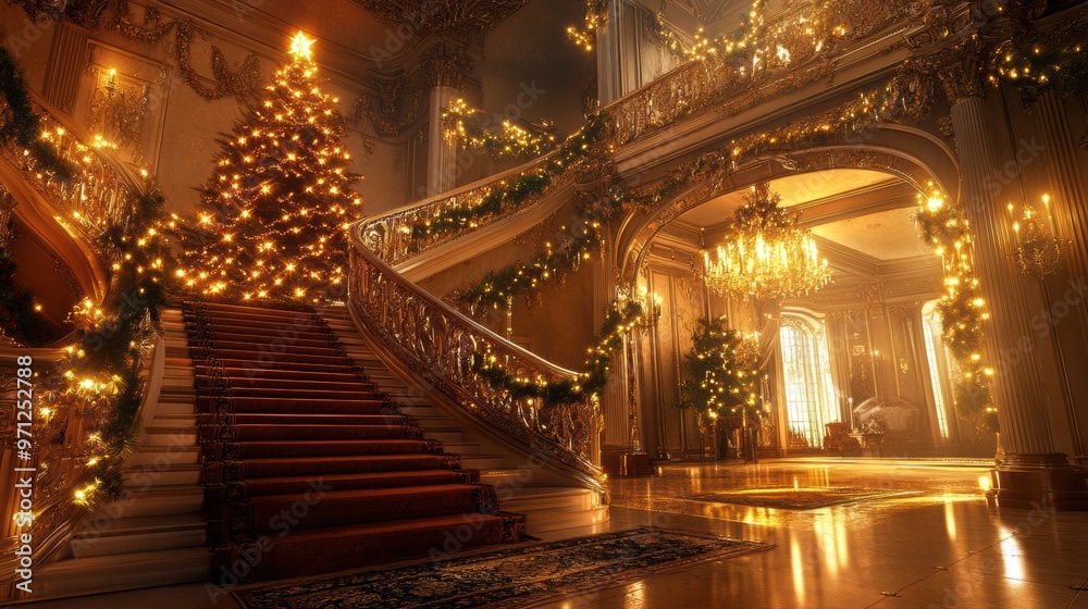 Obraz premium A staircase decorated with christmas lights and garlands