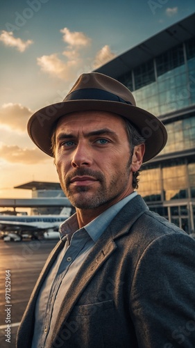 Middle-aged Caucasian man with short dark hair and beard, wearing gray suit and fedora hat, standing in front of modern glass building