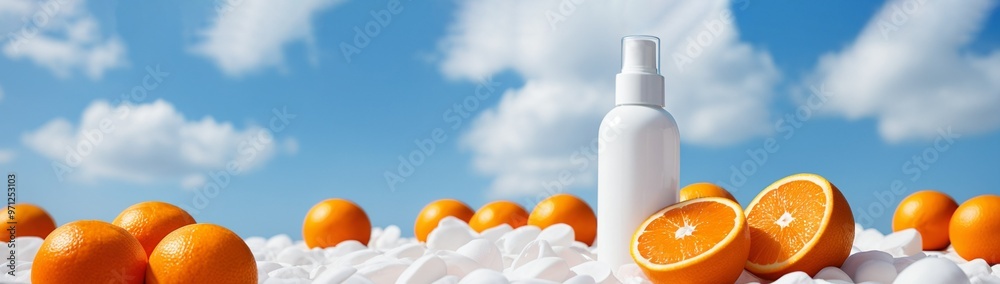 White dispensers bottle mock up on cloudy sky background. Face cleansing product, lotion or cream for branding. Spring sliсed orange around. Vegan, eco cosmetics. Beauty design. Mockup with copy space