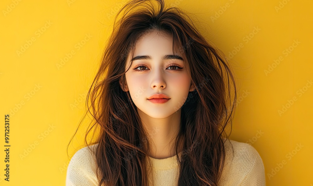 A young woman with long brown hair looking at the camera in front of a yellow background. A young woman with long brown hair looking at the camera in front of a yellow background.