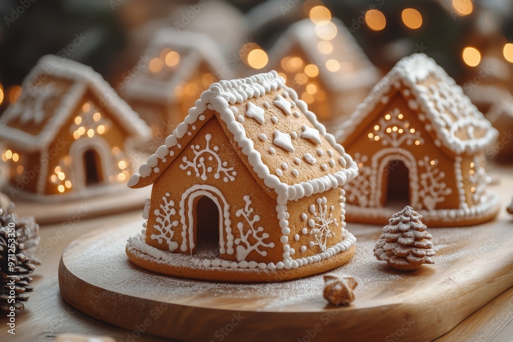 Christmas gingerbread houses on wooden table with bokeh background.. Pastries in the form of houses. Festive scene with holiday pastries. Christmas and New Year background.
Christmas gingerbread houses on wooden table with bokeh background.. Pastries in the form of houses. Festive scene with holiday pastries. Christmas and New Year background.