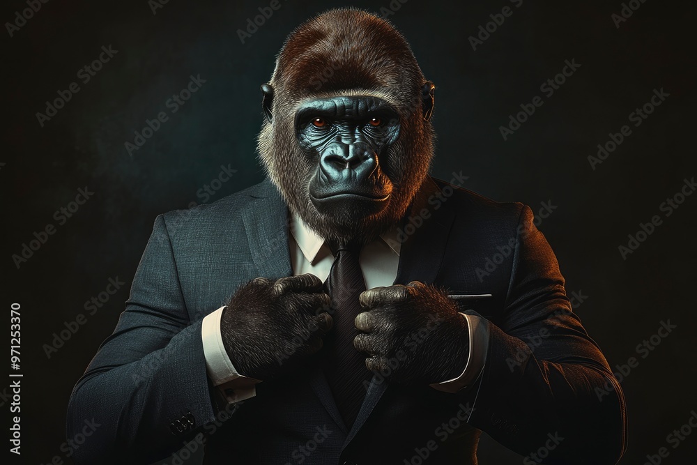 Gorilla like a human in suit. Portrait of a strong gorilla in a suit on a dark background with generative ai Gorilla like a human in suit. Portrait of a strong gorilla in a suit on a dark background with generative ai