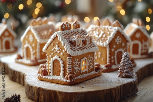 Christmas gingerbread houses on wooden table with bokeh background.. Pastries in the form of houses. Festive scene with holiday pastries. Christmas and New Year background. 