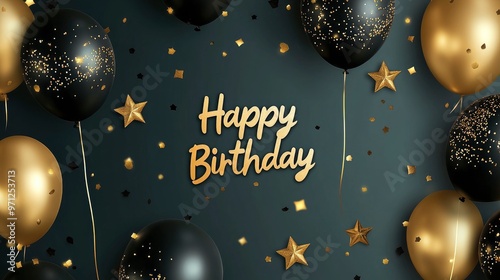 Greeting Card with text "Happy Birthday" with Gold and Black Balloons, Stars and Confetti. Celebration background concept with black, gold and confetti balloons with generative ai