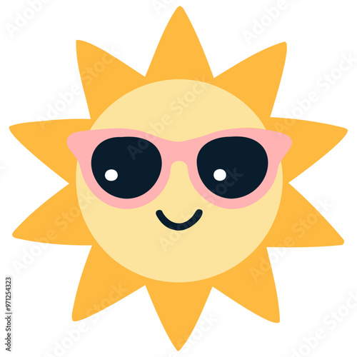 Cute suns, Sunshine emoji wearing sunglasses with a happy expression