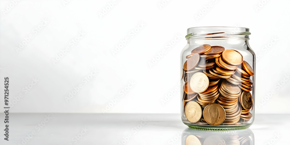 Isolated Vector Illustration of a Coin Jar with Savings Label - Transparent Jar Filled with Coins, Modern Abstract Design on White Background