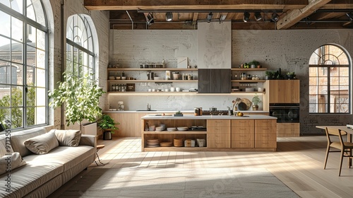 Modern Kitchen with Exposed Brick Walls, Wooden Cabinets, and Large Windows