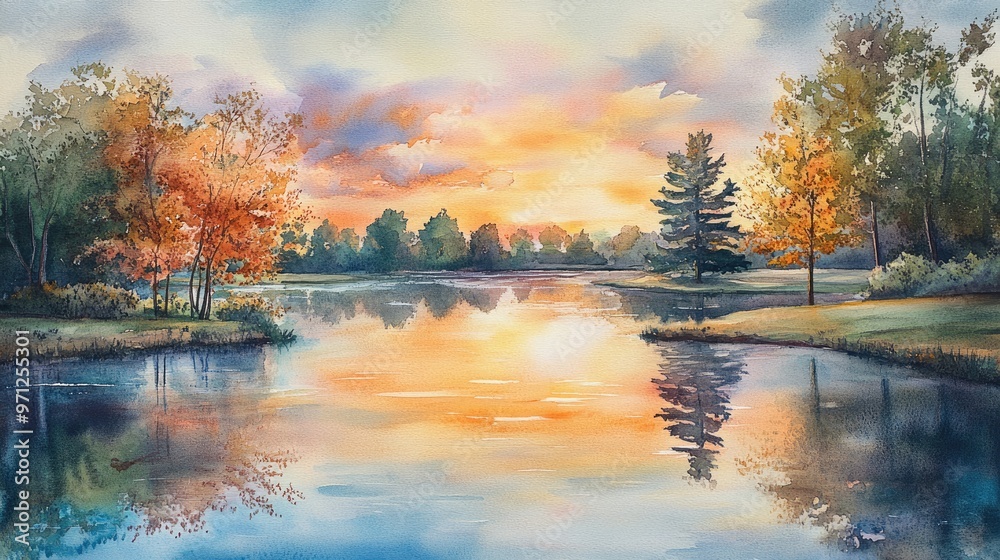 Obraz premium Watercolor painting of a serene campsite by a river, surrounded by trees and a glowing sunset reflecting on the water, creating a peaceful outdoor scene.