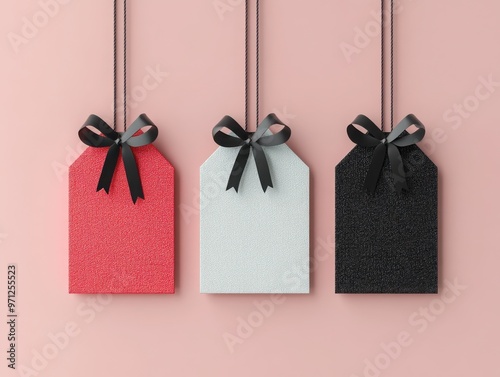 Three colorful gift tags with bows, hanging against a pastel pink background, perfect for holidays and celebrations.