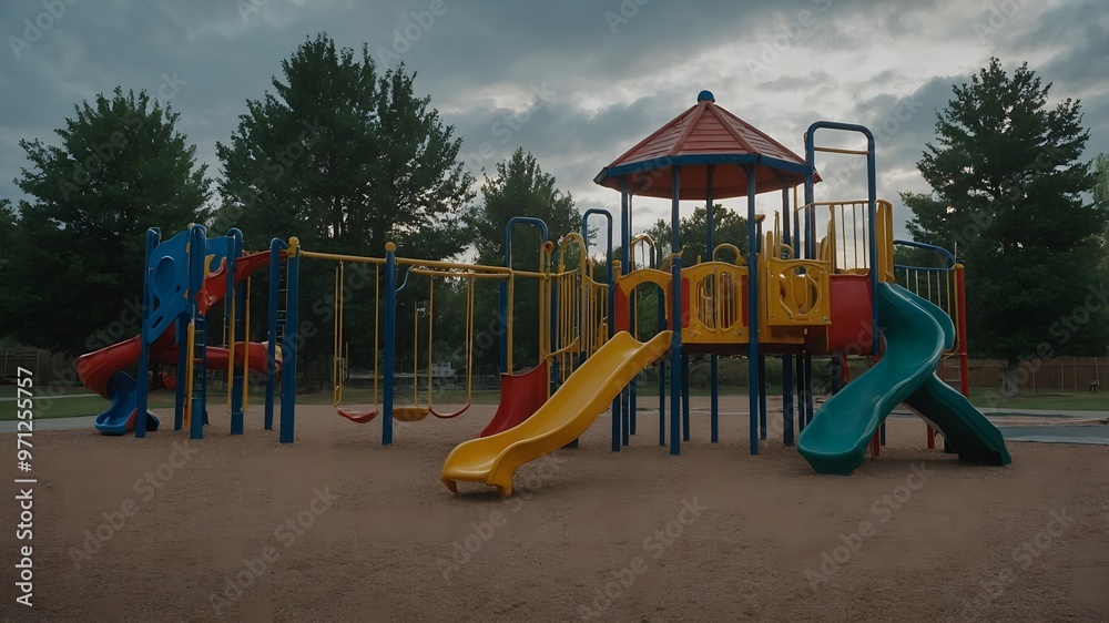A playful scene of kids enjoying the various swings and slides at the neighborhood park A playful scene of kids enjoying the various swings and slides at the neighborhood park