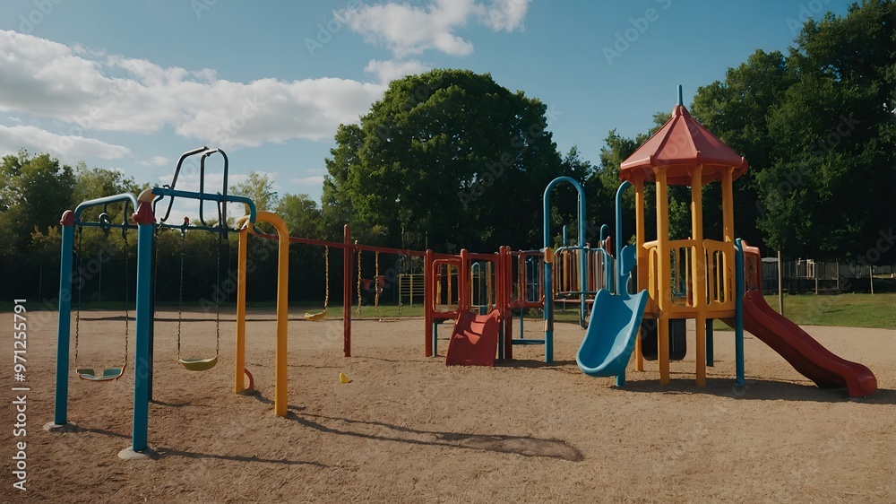 A vibrant playground scene with kids running, swinging, and laughing together A vibrant playground scene with kids running, swinging, and laughing together