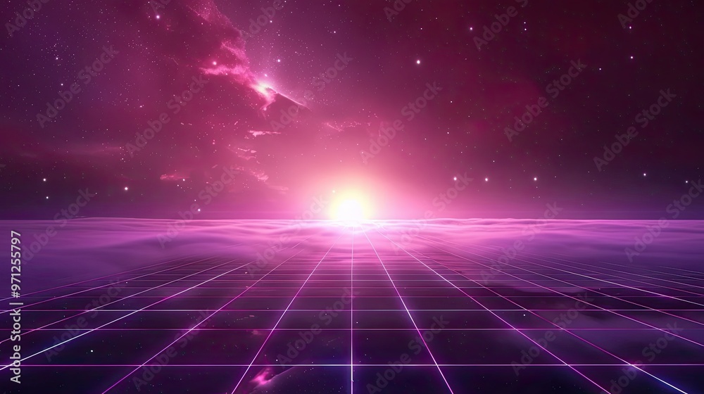 A vibrant cosmic landscape featuring a glowing sun rising above a grid, evoking a retro-futuristic aesthetic. A vibrant cosmic landscape featuring a glowing sun rising above a grid, evoking a retro-futuristic aesthetic.