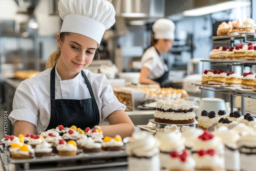 Baker preparing assorted pastries and cakes in a busy bakery kitchen during a bustling afternoon Baker preparing assorted pastries and cakes in a busy bakery kitchen during a bustling afternoon