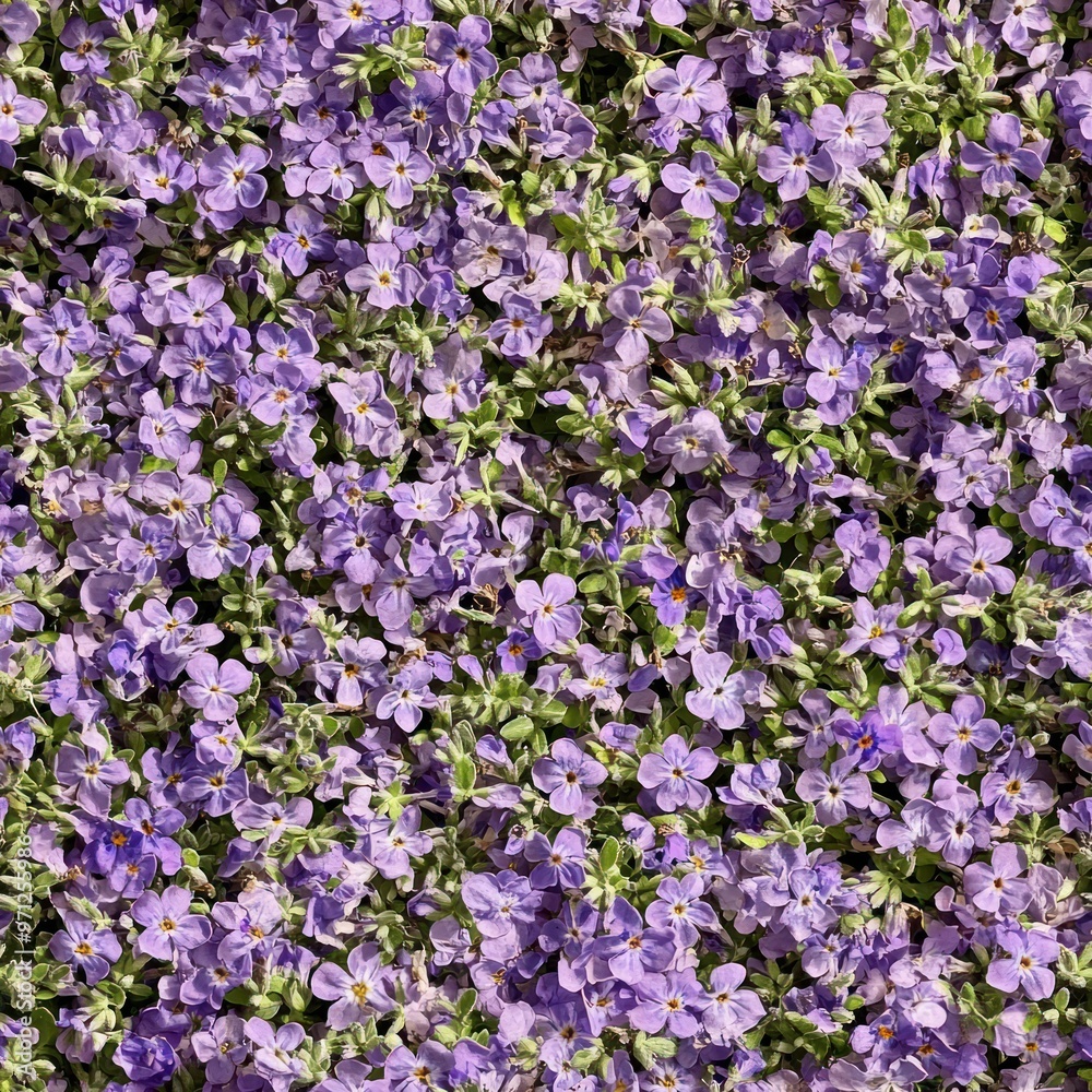 A vibrant field of small purple flowers creating a lush, colorful ground cover. A vibrant field of small purple flowers creating a lush, colorful ground cover.