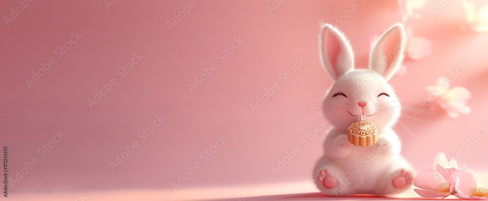 Fototapeta premium Mid-Autumn Bunny Delight. Adorable white rabbit savoring a mooncake on a soft pink background. Delicate cherry blossoms add a touch of festive charm. Perfect for Mid-Autumn Festival celebrations.