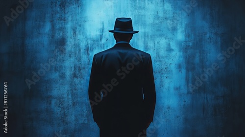 A man in a black suit and hat stands in front of a blue wall