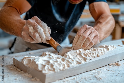 A springstone artist working on a new piece, chiseling away with precision to reveal a graceful, abstract form photo