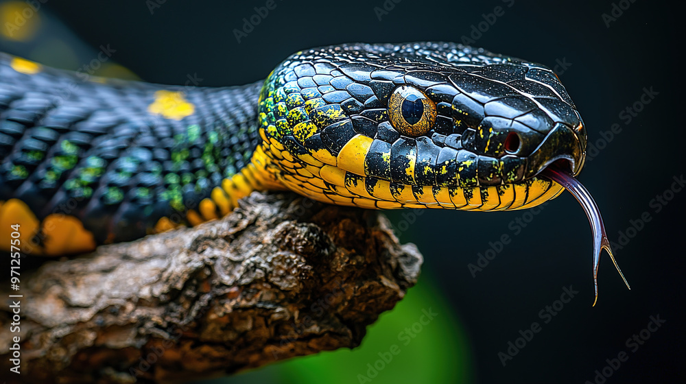 a majestic snake with black, yellow and green scales on its body slithering along the branch in front of a pure solid background. a majestic snake with black, yellow and green scales on its body slithering along the branch in front of a pure solid background.