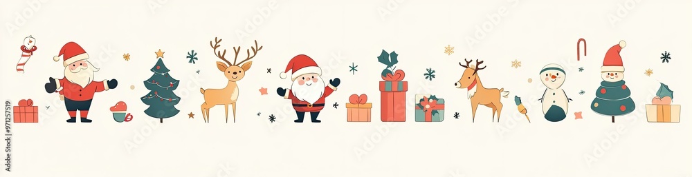 Colorful Christmas illustration featuring Santa, reindeer, gifts, and trees, perfect for festive greeting cards and decorations.