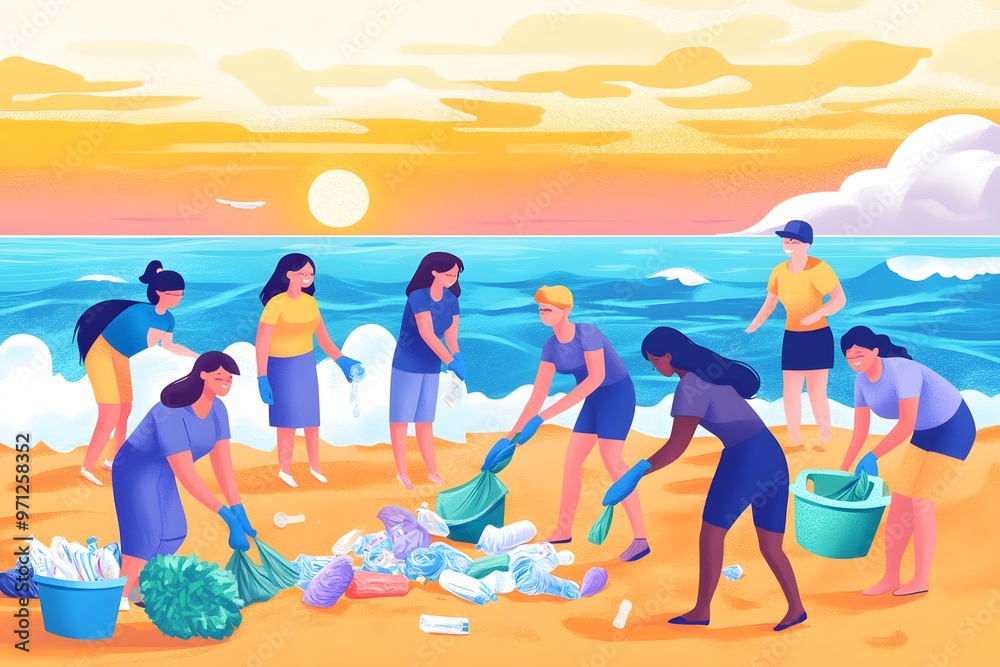 A diverse group of volunteers cleans up a beach, working together to make a difference.