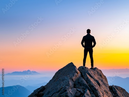 Person standing on a mountaintop at dawn, ready to face new challenge