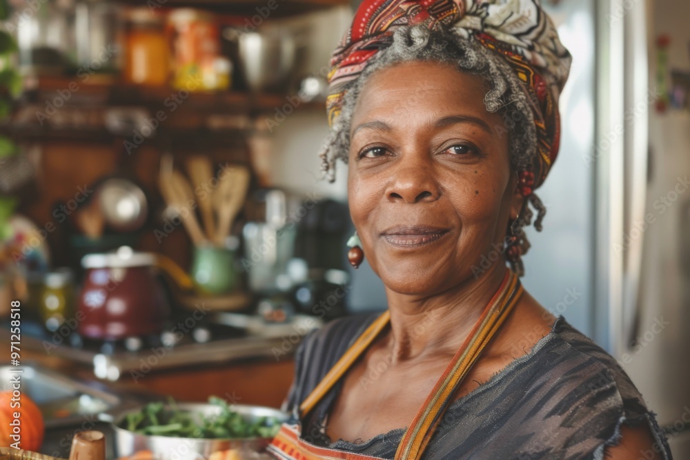 Portrait of a middle aged black woman in zero waste kitchen Portrait of a middle aged black woman in zero waste kitchen