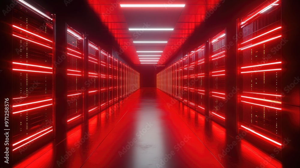A futuristic server room with rows of servers lit by red neon lights. A futuristic server room with rows of servers lit by red neon lights.