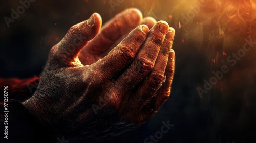 Hand is raised in prayer photo