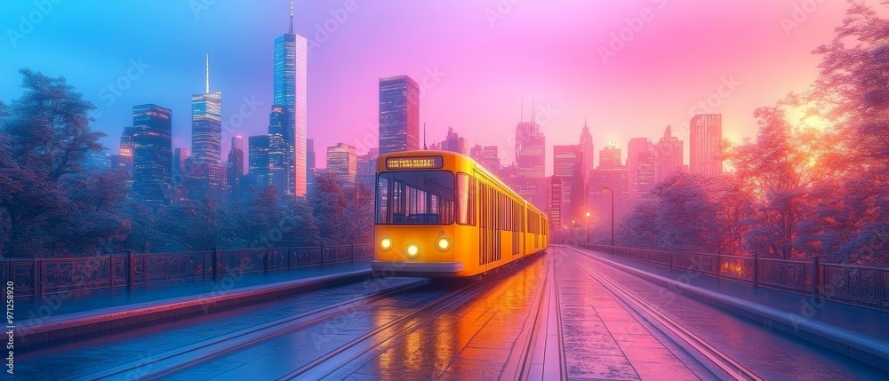 Fototapeta premium Futuristic Cityscape at Sunset, Illuminated by Neon Lights
