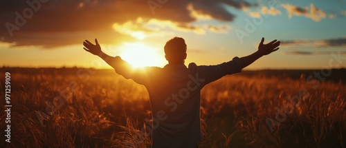A man is standing in a field with his arms outstretched, looking up at the sun