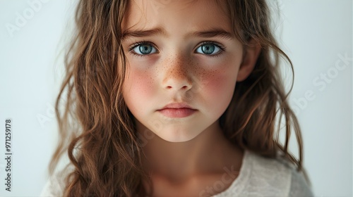 Portrait of a Young Girl with Blue Eyes and Freckles.