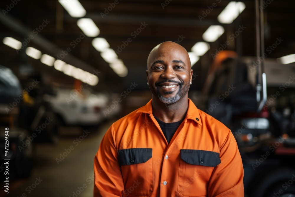 Portrait of a smiling middle aged African American mechanic in workshop Portrait of a smiling middle aged African American mechanic in workshop