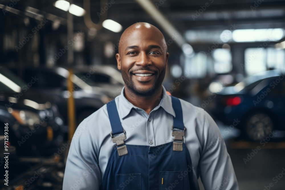 Portrait of a smiling middle aged African American mechanic in workshop Portrait of a smiling middle aged African American mechanic in workshop