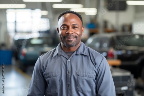 Portrait of a smiling middle aged African American mechanic in workshop