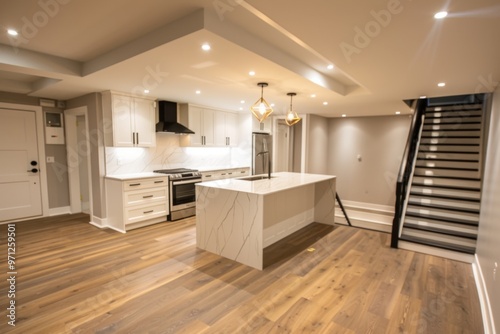 Renovated basement with modern kitchen island staircase white cabinets quartz countertop hardwood flooring