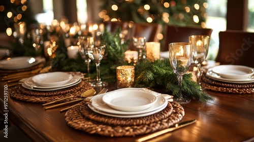 A festive Christmas table setting with gold accents, white plates, and brown woven place settings on the wooden dining room table adorned with greenery, candles, and gold cutlery